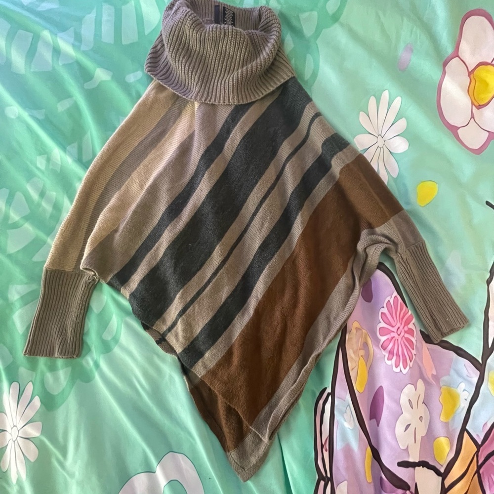 new directions Striped Turtleneck Poncho in Taupe, Brown & Gray
